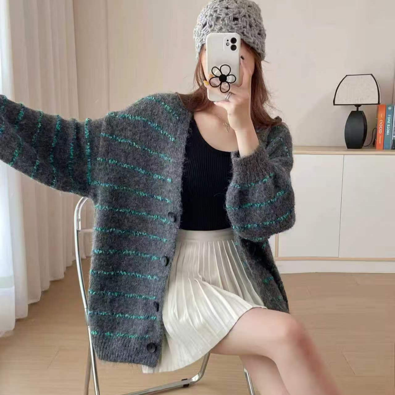 Damen Grobstrickcardigan Kontraststreifen Weich Ärmel Norvielle