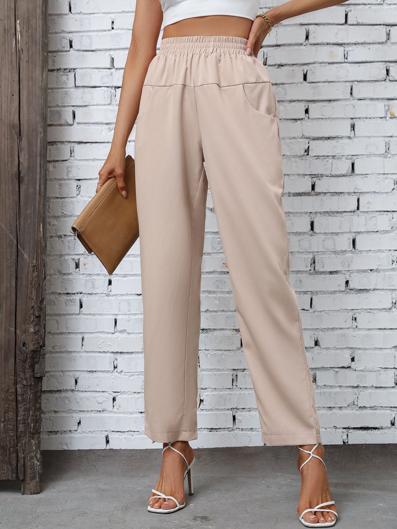 Damen Freizeithose Elastischer Bund Seitentaschen Beige