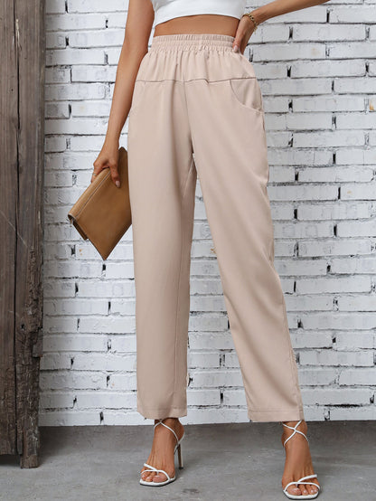 Damen Freizeithose Elastischer Bund Seitentaschen Beige