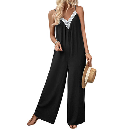 Damen Jumpsuit V-Ausschnitt Spitze