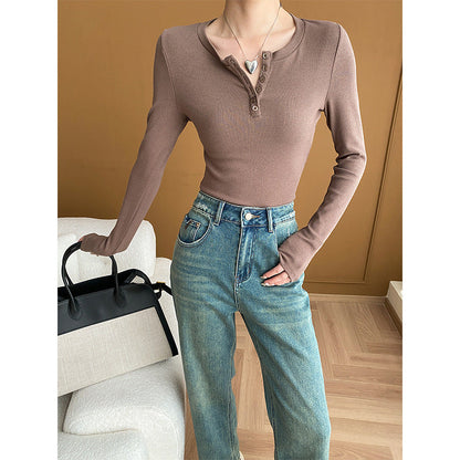 Damen Langarmshirt Knopfleiste Casual Stil Norvielle