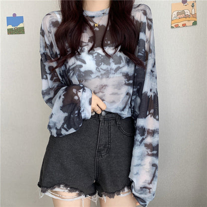 Damen Longsleeve-Oberteil Transparent Tie-Dye-Muster