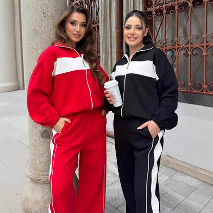 Damen Fleece Jogginganzug mit Reißverschluss Elastisch Schwarz - Norvielle