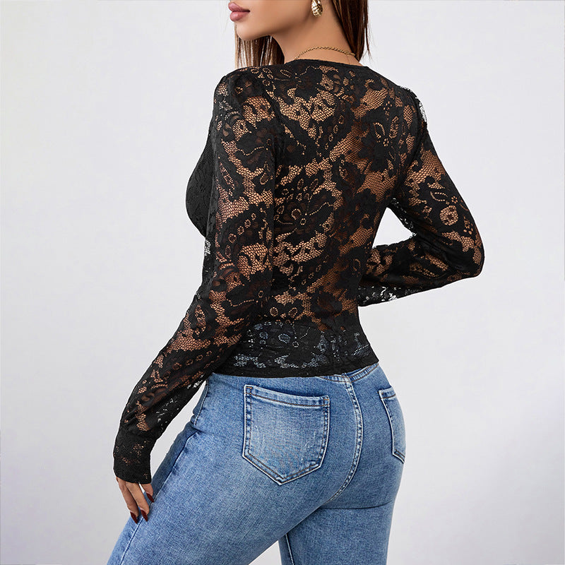 Damen Spitzenbluse V-Ausschnitt Raffungen Norvielle