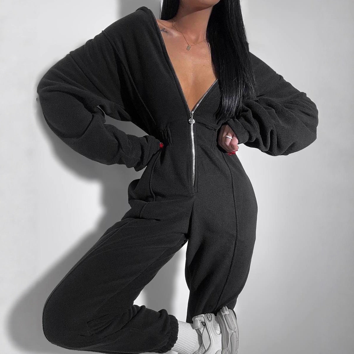 Damen Fleece-Overall mit Reißverschluss und Kapuze