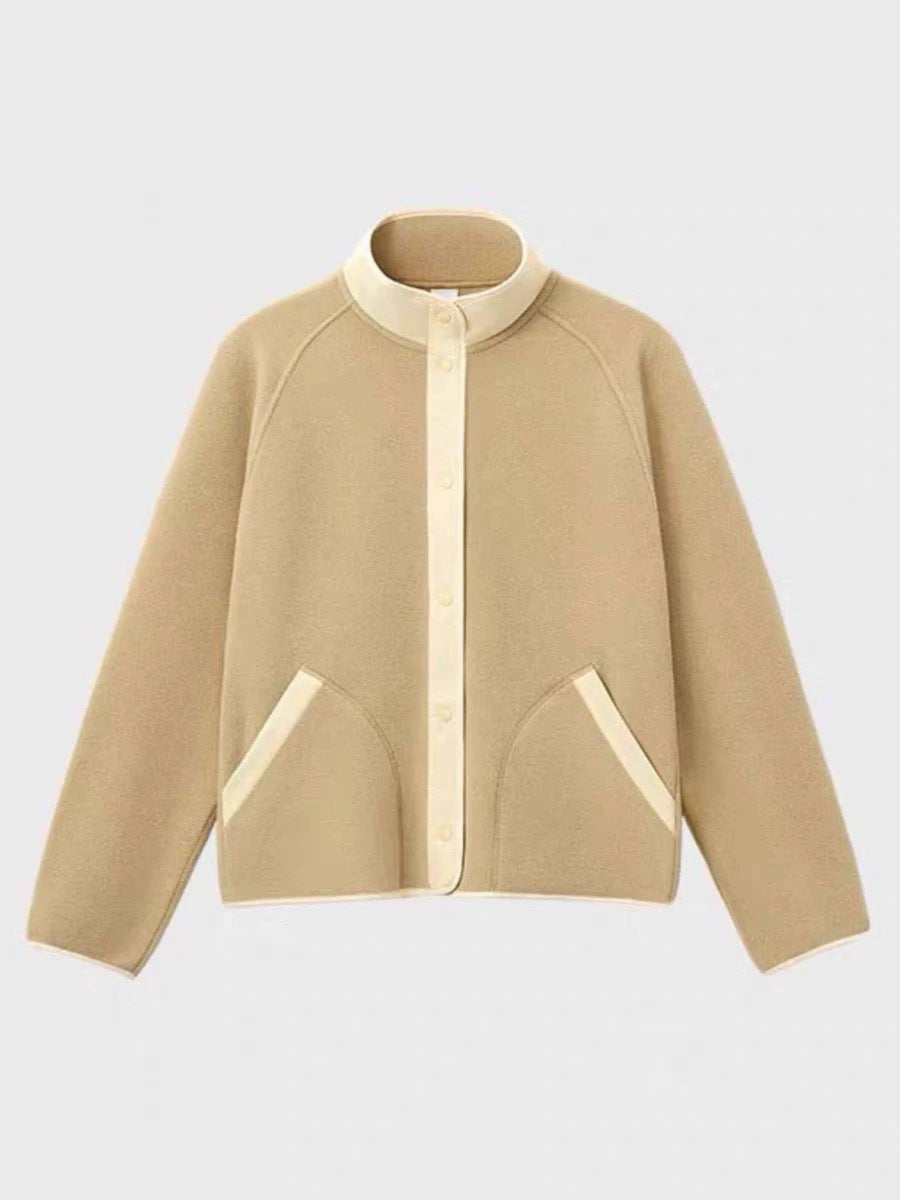 Damen Fleece-Jacke Elastischer Kragen Praktische Taschen Beige