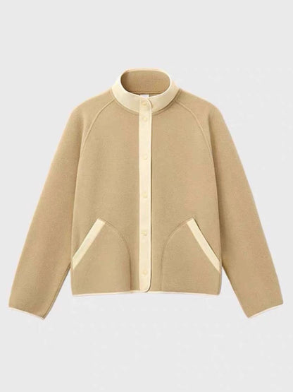 Damen Fleece-Jacke Elastischer Kragen Praktische Taschen Beige