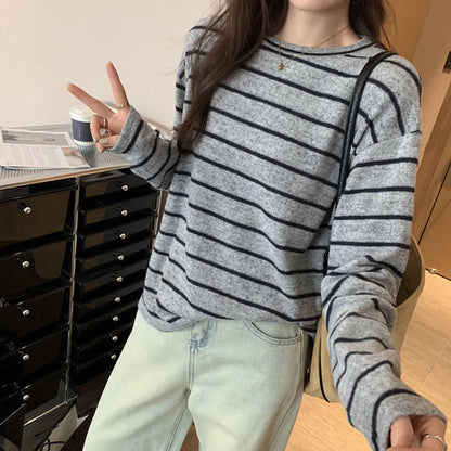 Damen Langarmshirt Streifenmuster Baumwolle Weiß