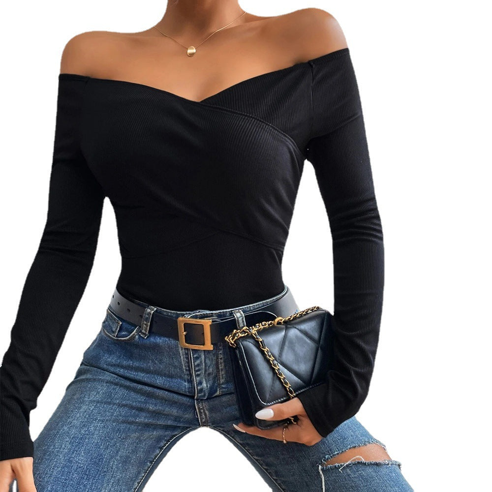 Damen Off-Shoulder-Body Langarm Elegant Wickel-Design