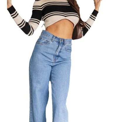 Damen Highwaist Jeans Weit Geschnitten Fransiger Saum