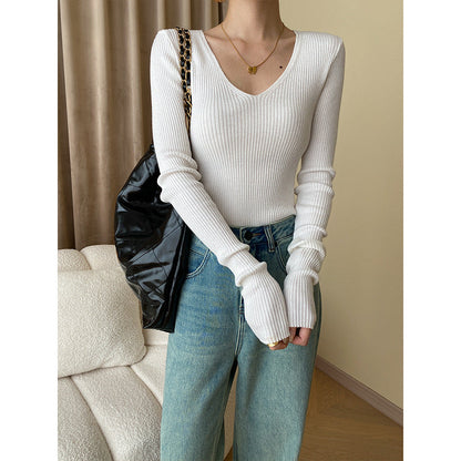 Damen Langarmshirt Feinripp V-Ausschnitt Norvielle