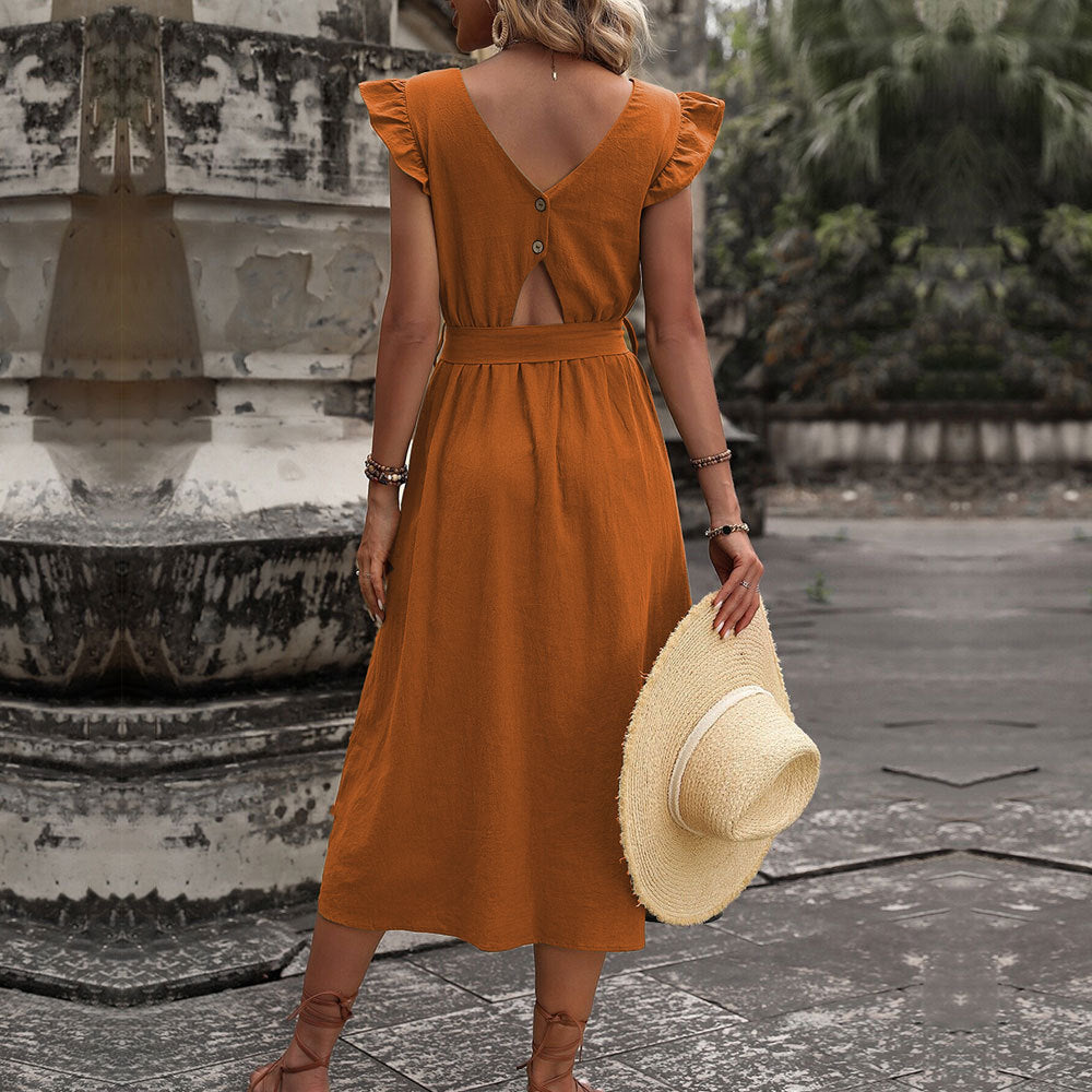 Damen Maxikleid V-Ausschnitt Taillengürtel Norvielle