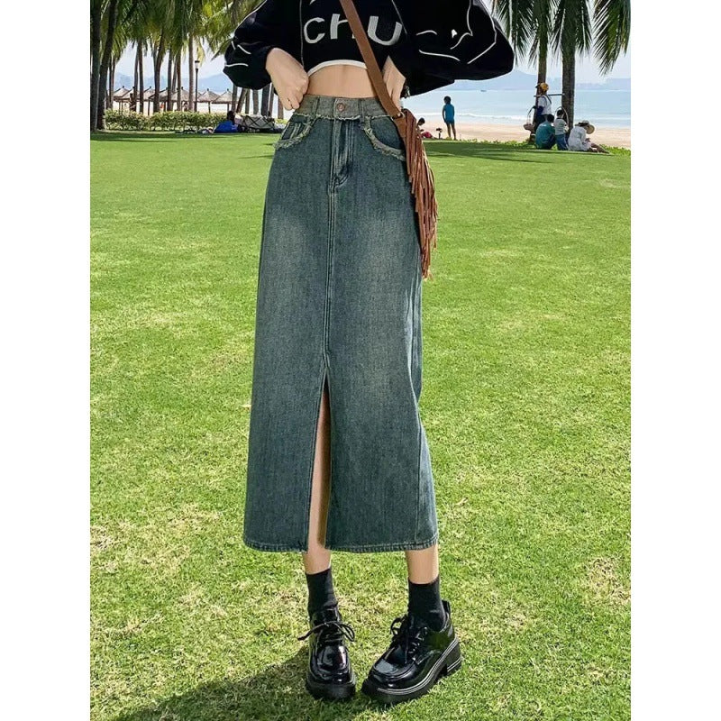 Damen Denim-Rock Lang Hohes Seitenloch