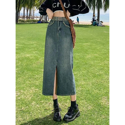 Damen Denim-Rock Lang Hohes Seitenloch