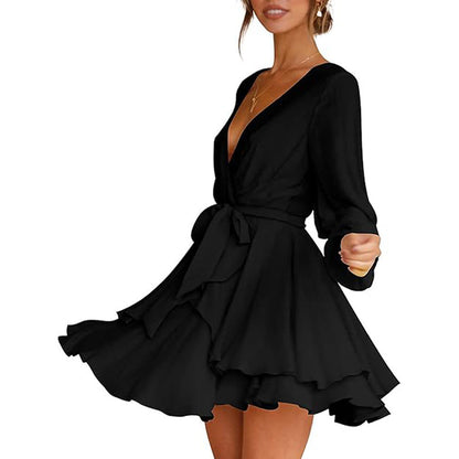 Damen Wickelkleid Langes Ärmelkleid mit Volant Dunkelblau