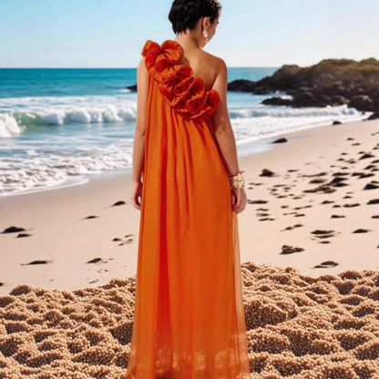 Damen Maxikleid Asymmetrische Rüschen Eleganter Schnitt