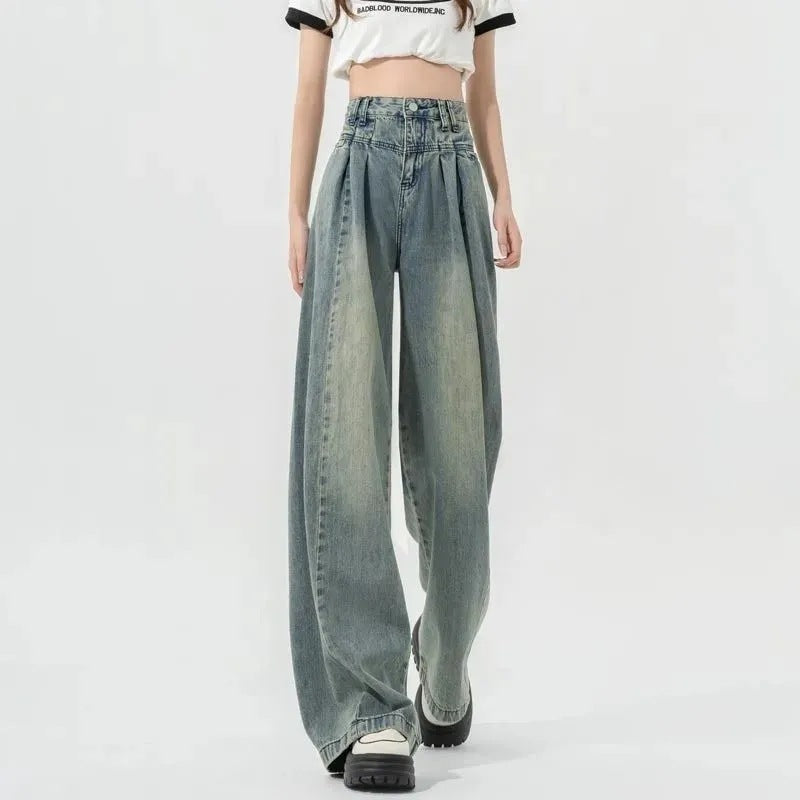 Damen Hochtaillierte Weite Jeans mit Falten - Norvielle