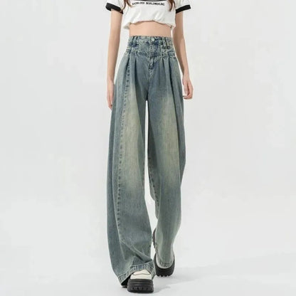 Damen Hochtaillierte Weite Jeans mit Falten - Norvielle