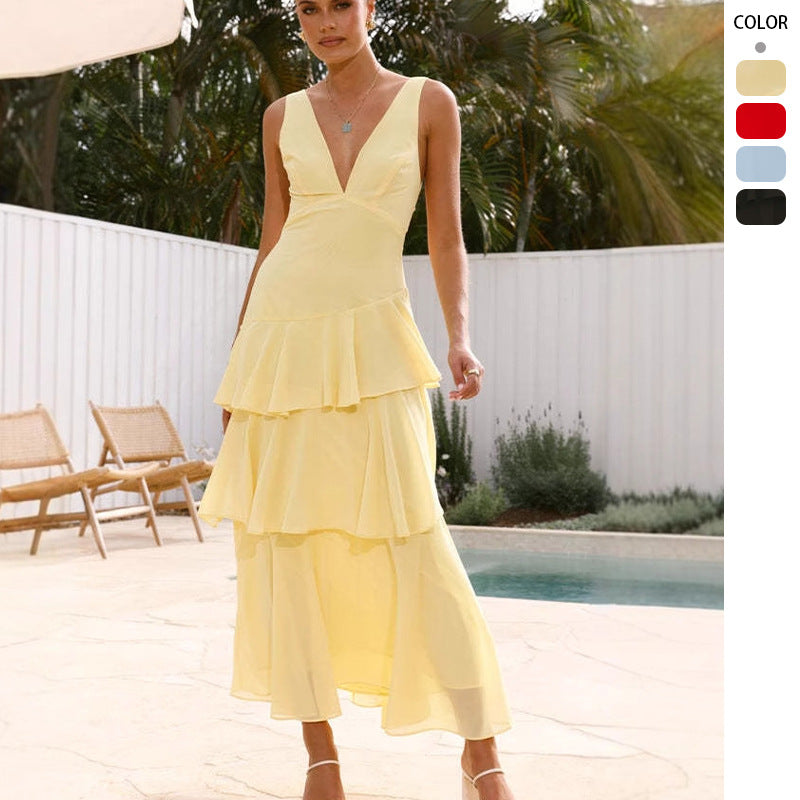 Damen Maxikleid Asymmetrischer Volant V-Ausschnitt Norvielle - Norvielle