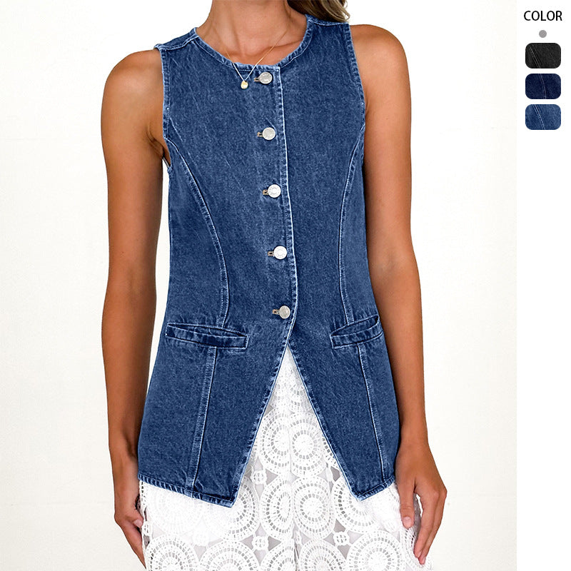 Damen Denimweste Tailliert Knöpfe Blau - Norvielle
