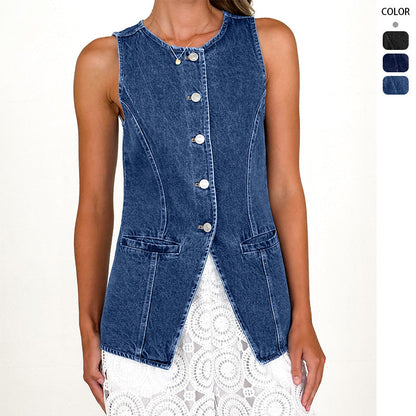 Damen Denimweste Tailliert Knöpfe Blau - Norvielle