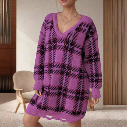 Damen Oversized Pullover V-Ausschnitt Kariert Norvielle