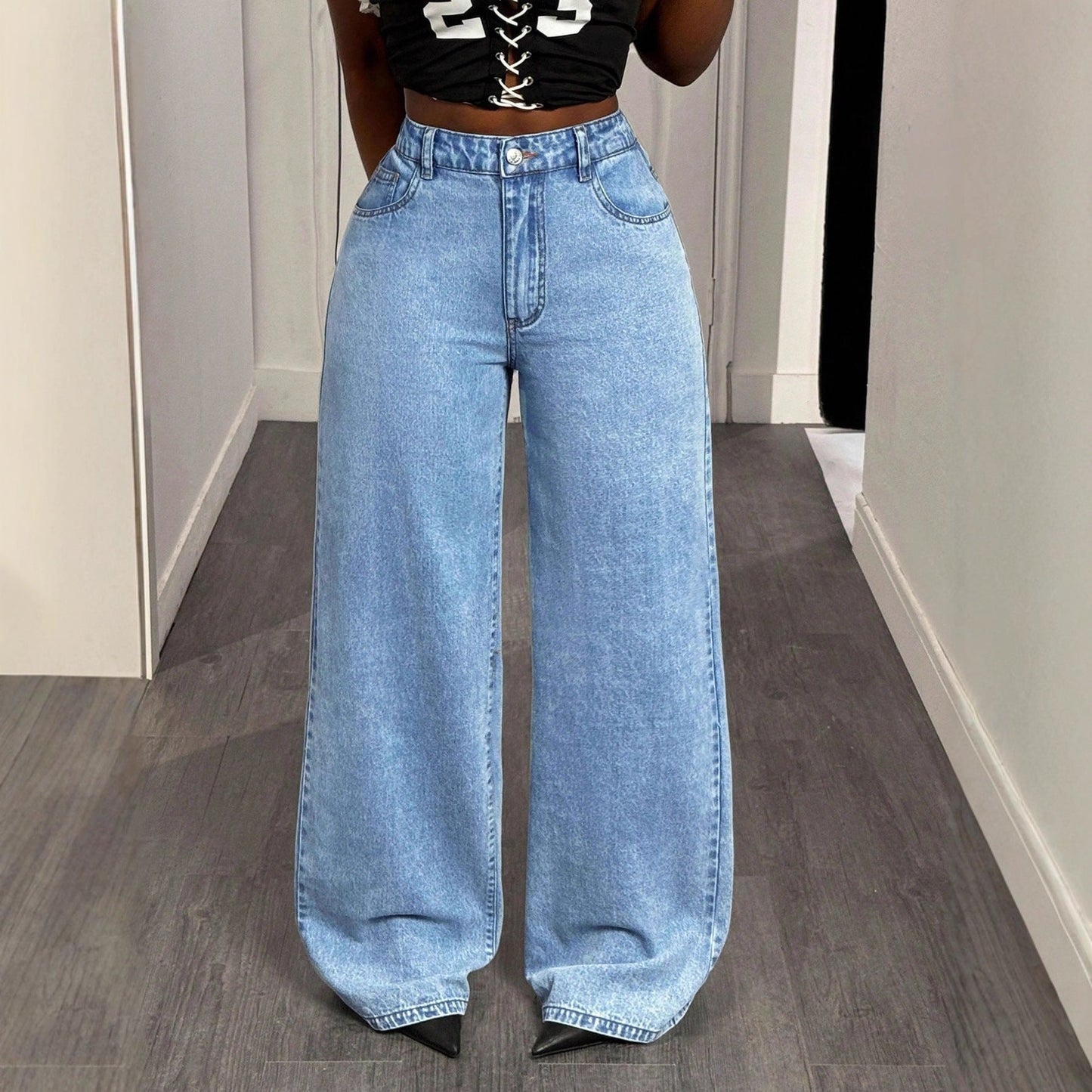 Damen High-Waist Wide-Leg Jeans Statement-Print