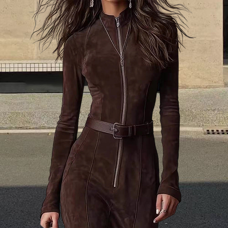 Damen Langarmkleid Reißverschluss Seitenschlitze Norvielle