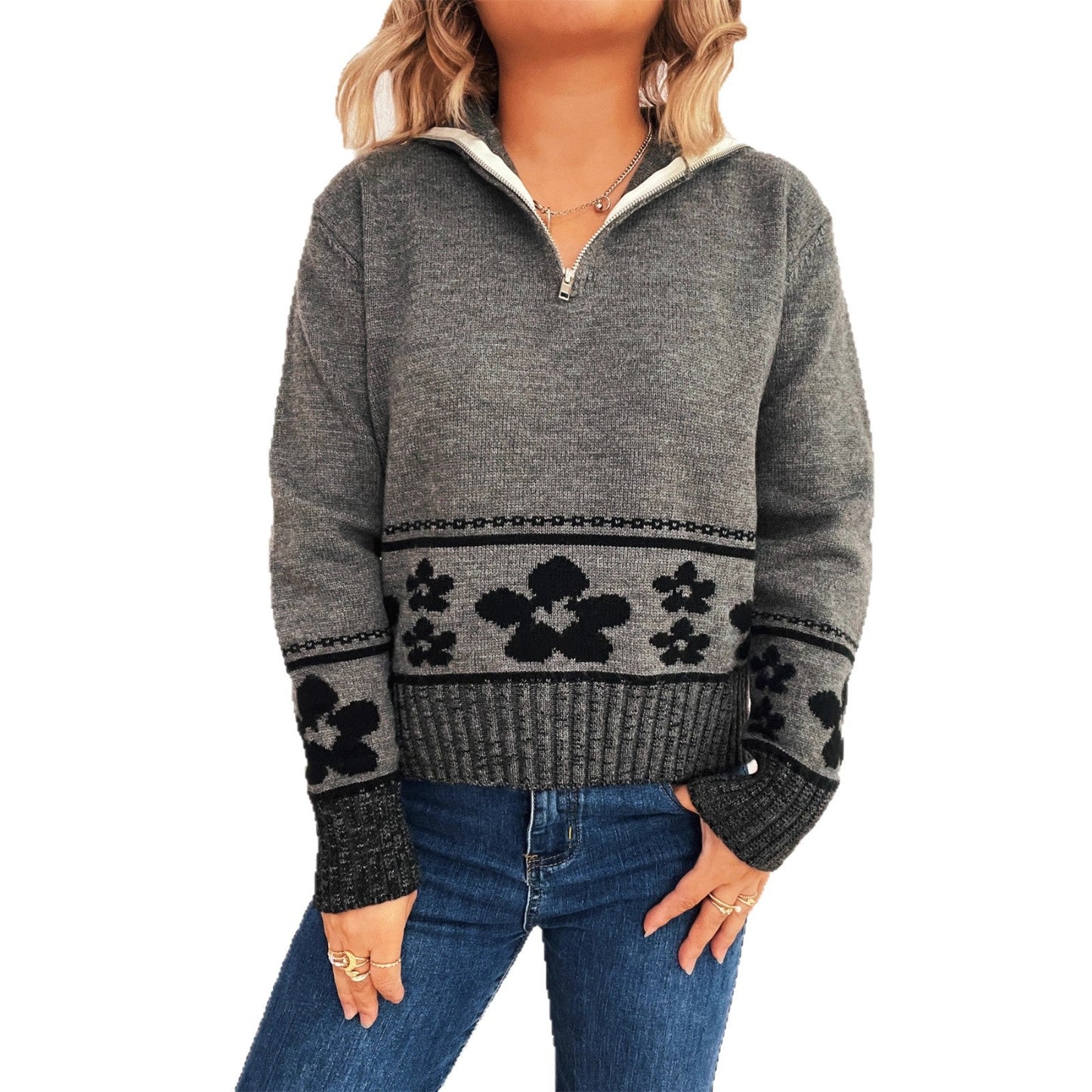 Damen Strickpullover Florales Muster Hoher Kragen Norvielle