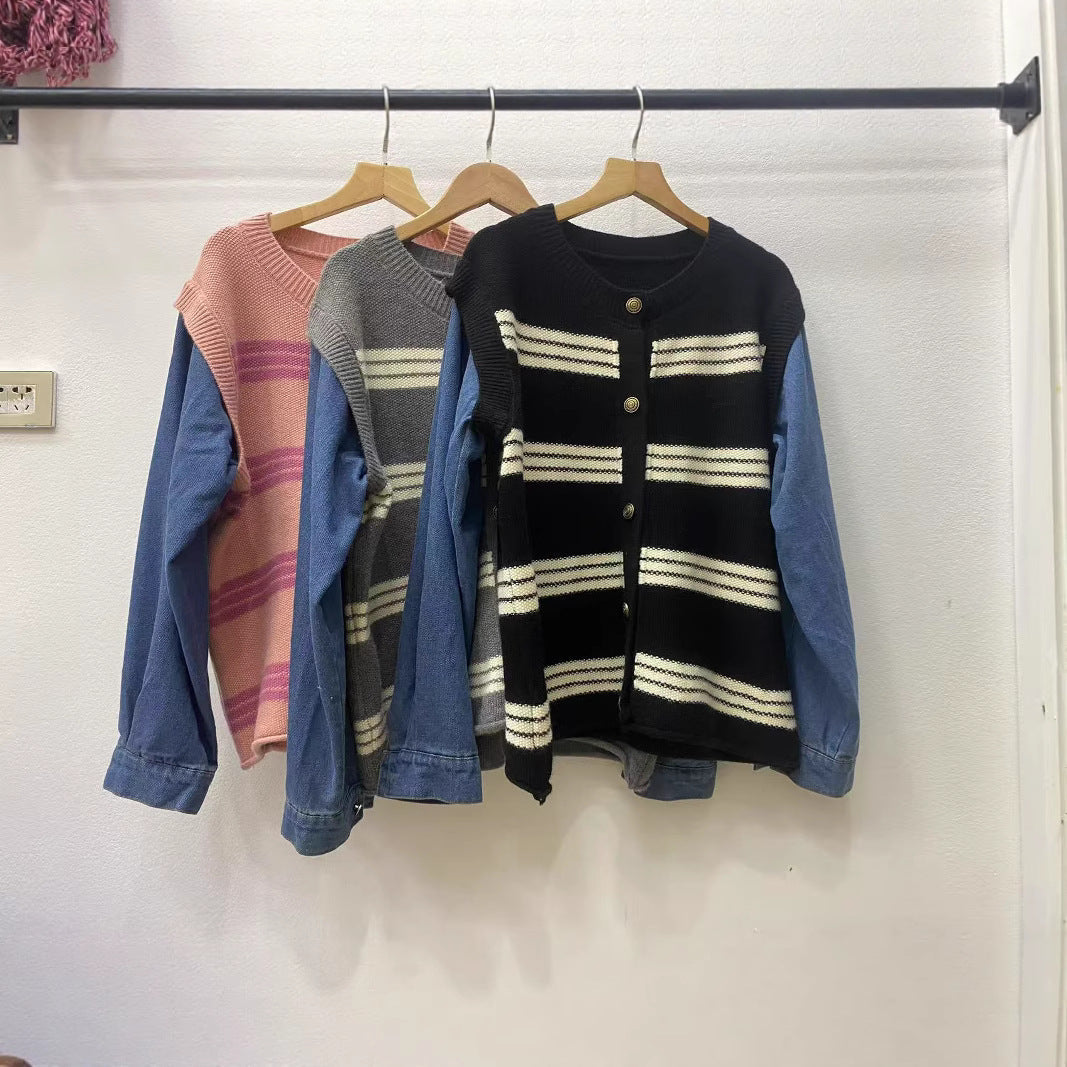 Damen Strickjacke Streifenmuster Dekorative Knöpfe Norvielle