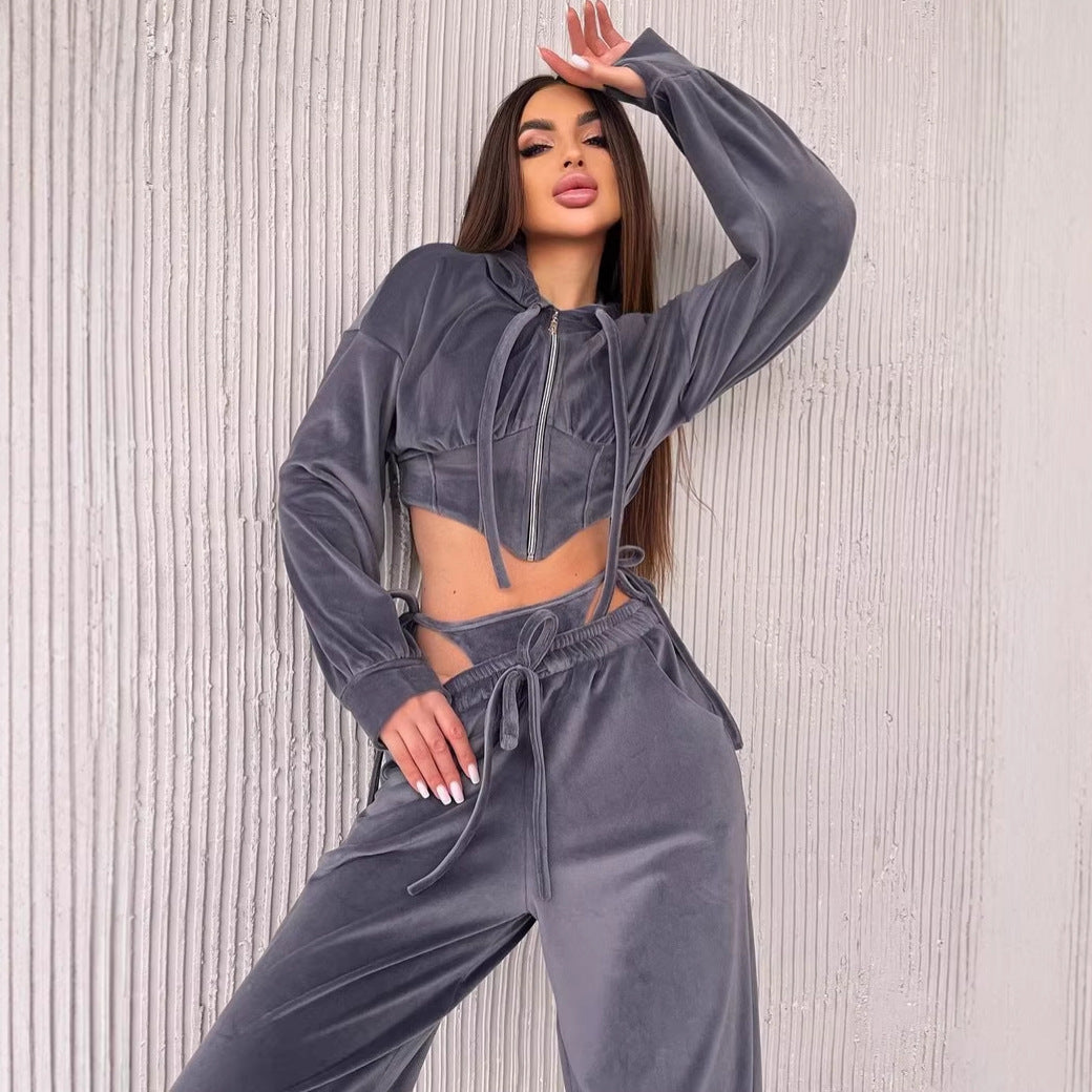 Damen Sportliches Velours-Cropped-Set mit Reißverschluss und