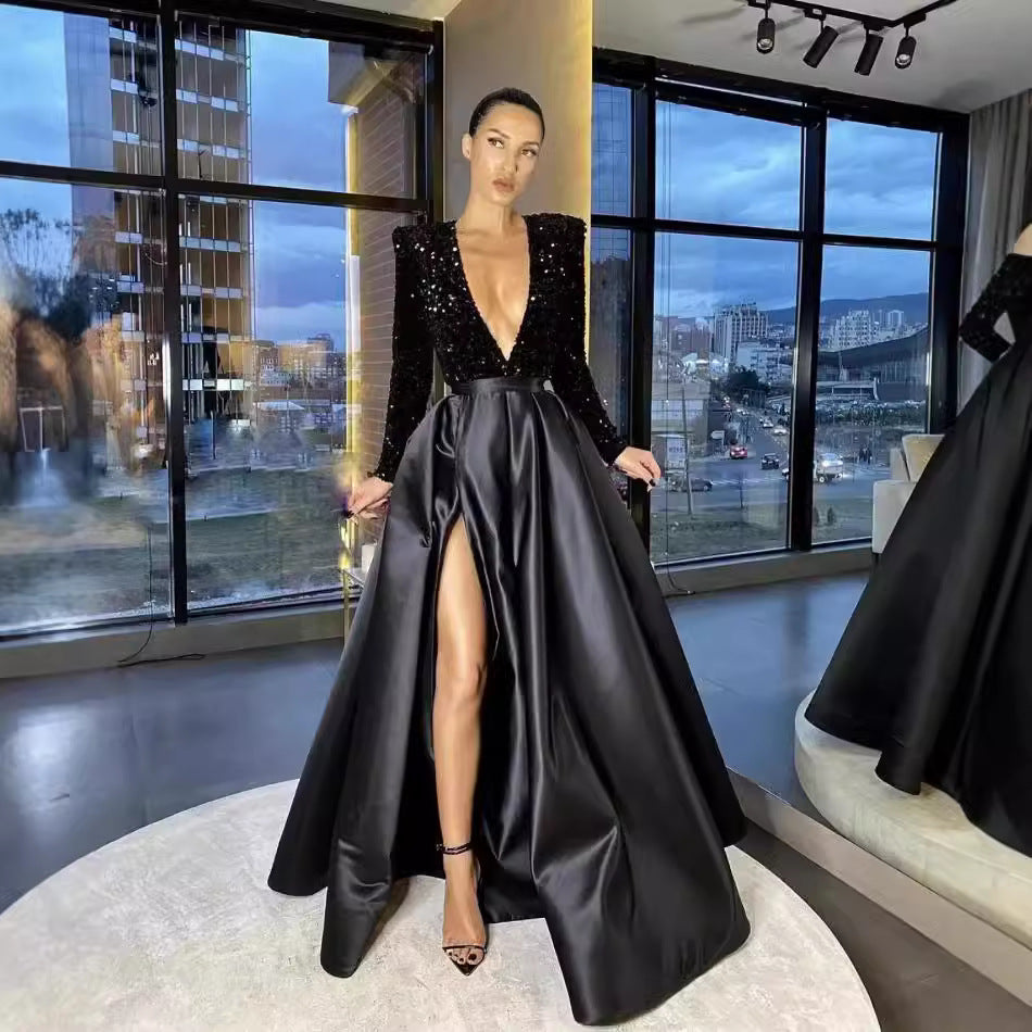 Damen Abendkleid V-Ausschnitt Hochgeschnitten Norvielle