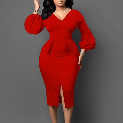 Damen Midi-Kleid Figurbetont Puffärmel Schlitz Norvielle - Norvielle