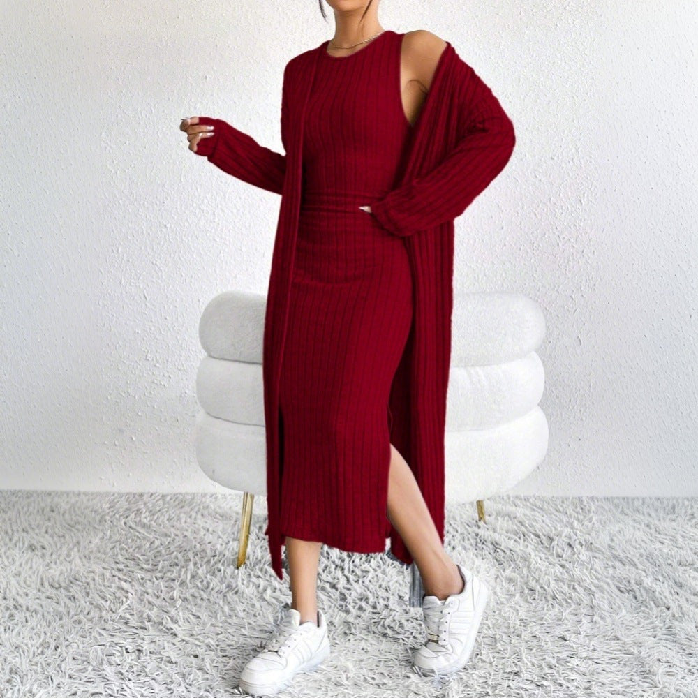 Damen Strickkleid Langärmlig Mit Cardigan Schwarz - Norvielle