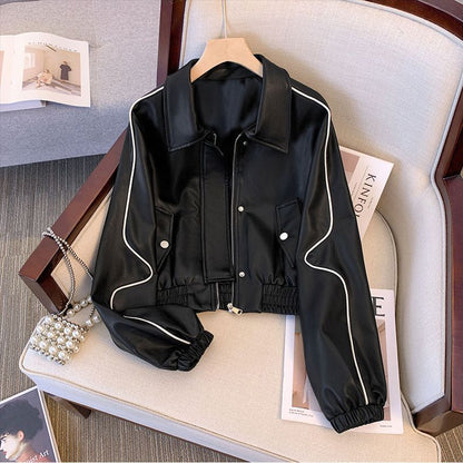 Damen Lederlook Kurzjacke Kontrastnähte