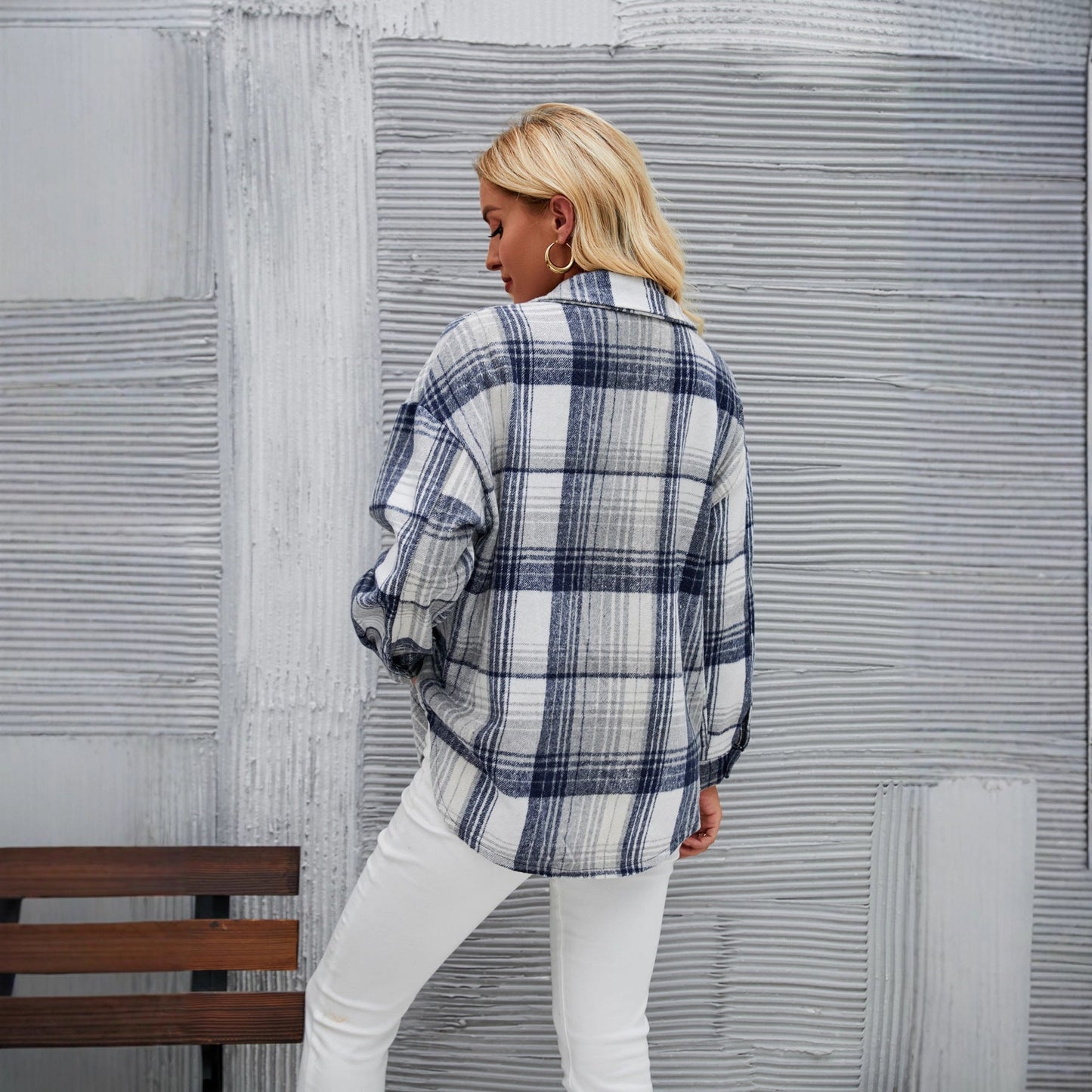 Damen Karobluse Weiches Flanell Knopfleiste
