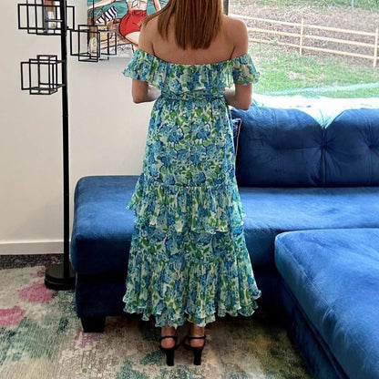 Damen Maxikleid Voluminöse Rüschen Florales Muster