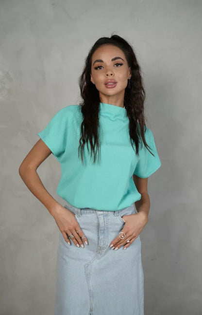 Damen Kurzarm-Shirt Hochkragen Elegantes Design