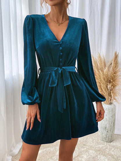 Damen Samtkleid V-Ausschnitt Taillengürtel Norvielle