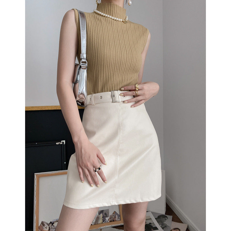 Damen Rippstrick Oberteil Hellbeige Stehkragen Norvielle