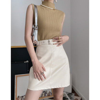 Damen Rippstrick Oberteil Hellbeige Stehkragen Norvielle