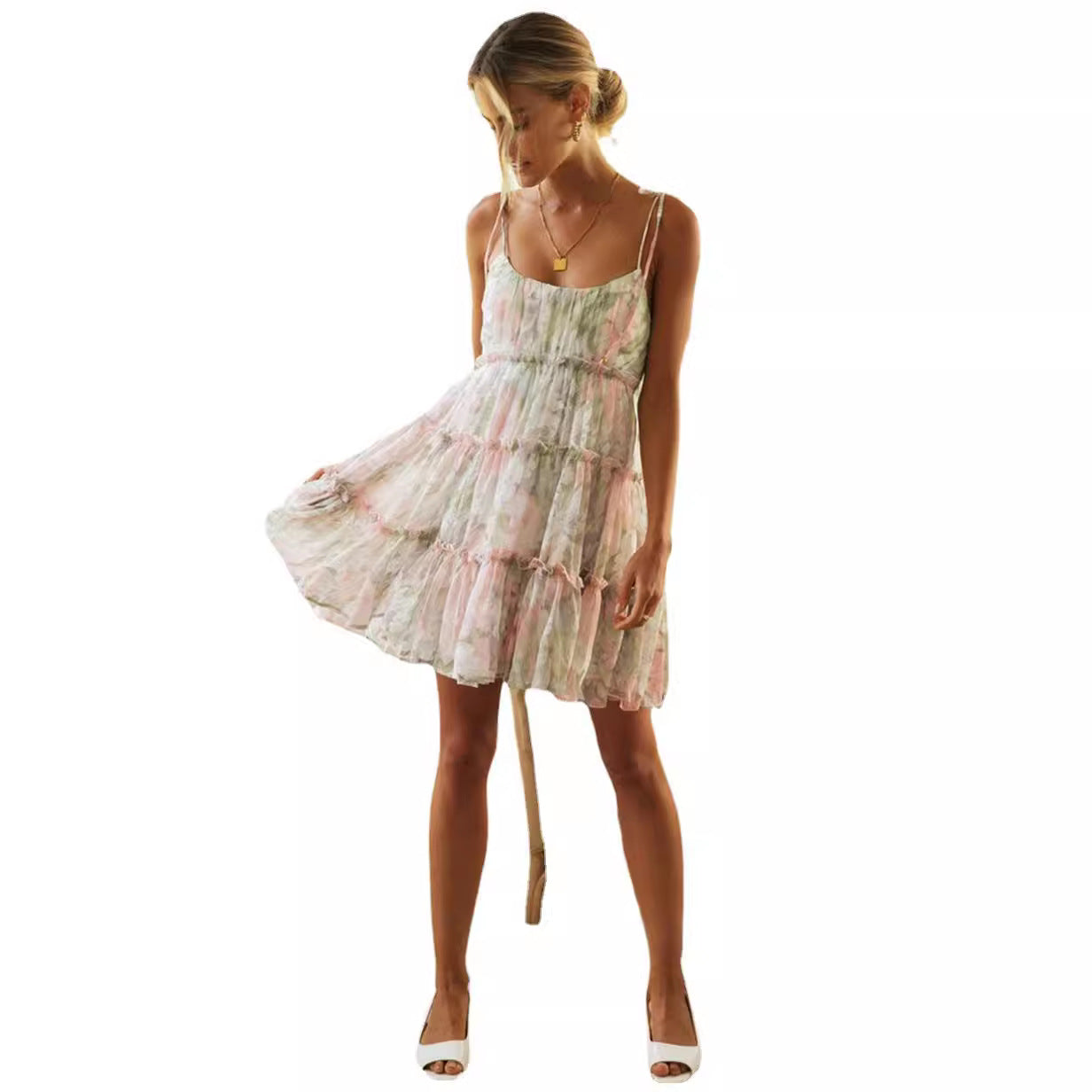 Damen Sommerkleid Luftig Rüschen Spaghetti-Träger Norvielle