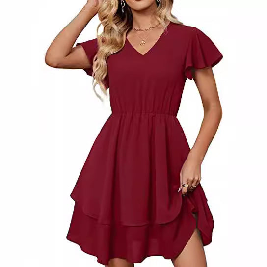 Damen Freizeitkleid Fließender Rock Rüschenärmel Norvielle