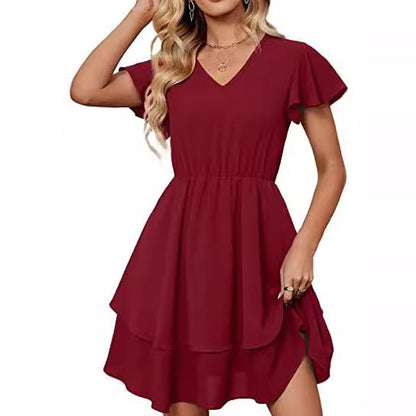 Damen Freizeitkleid Fließender Rock Rüschenärmel Norvielle