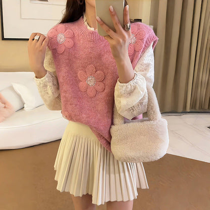 Damen Strickpullover Florale Applikationen Strukturiert Norvielle
