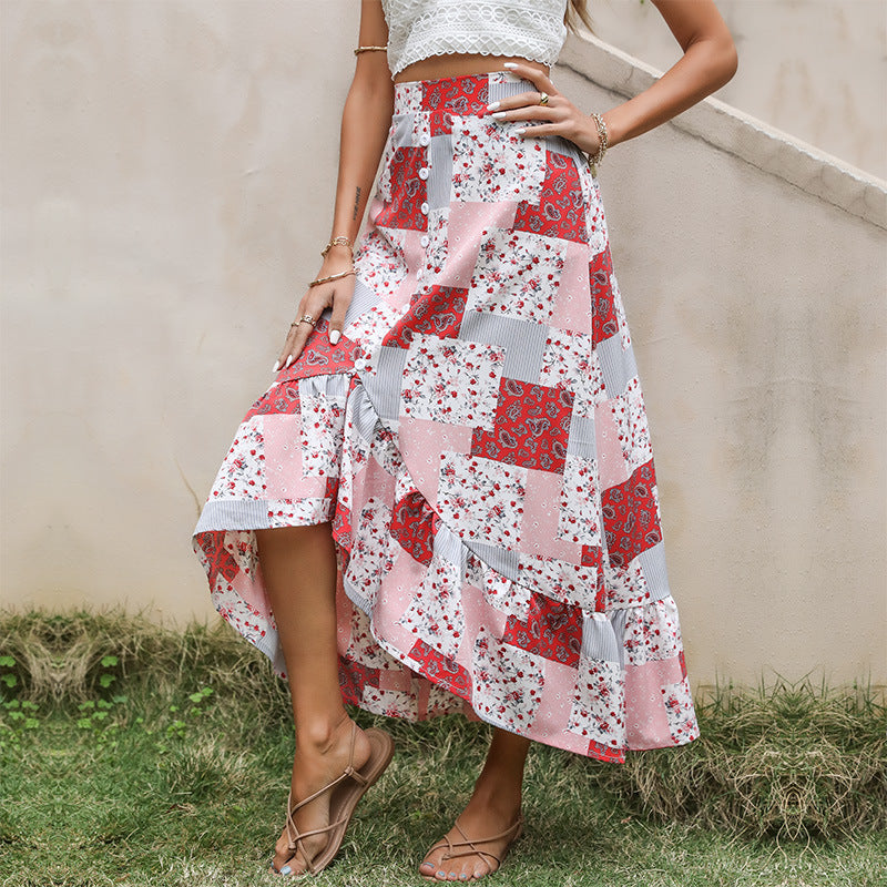 Damen Maxi-Rock Patchwork-Design Knöpfe Multicolor - Norvielle