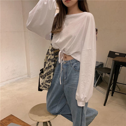 Damen Cropped Sweatshirt Oversized Ärmel Kordelzug Grau