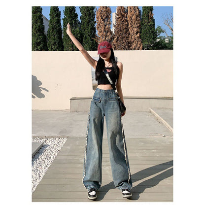 Damen Denim-Jeans Weit Bein Fransen Hoch Norvielle