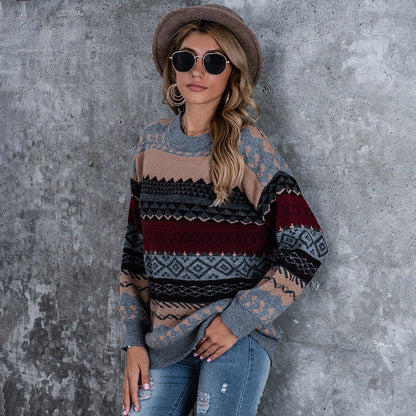 Damen Grobstrickpullover Geometrisches Muster Weiter Schnitt Norvielle