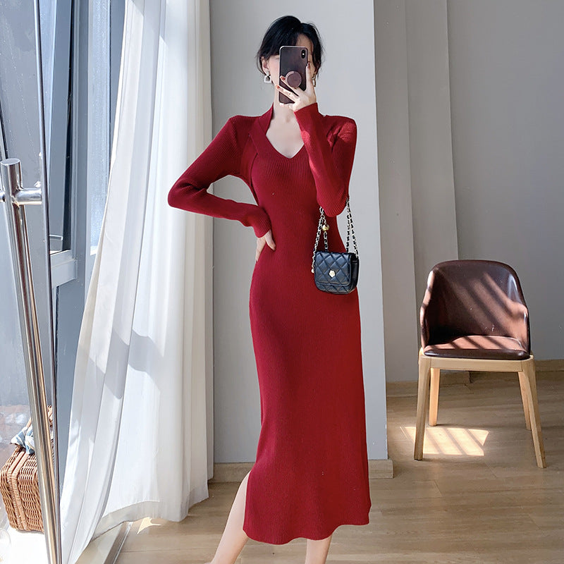Damen Langärmliges Kleid V-Ausschnitt Seitlicher Schlitz Norvielle
